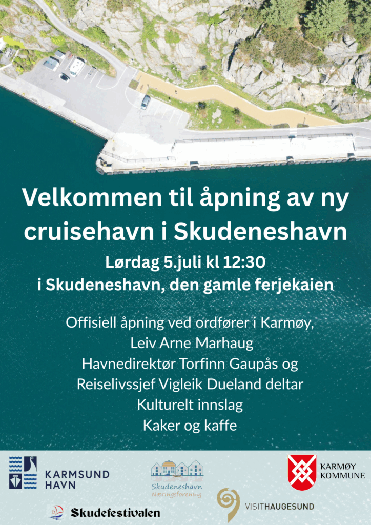 Plakat bilde med tekst om åpningen av cruise havnen